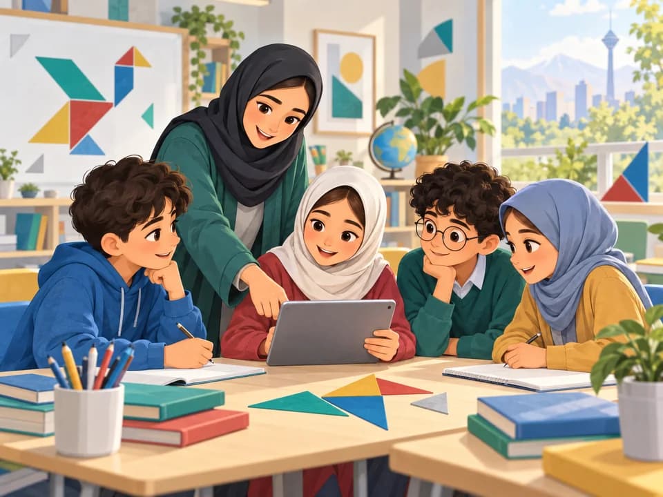 معلم و دانش‌آموزان در حال یادگیری گروهی با ابزارهای دیجیتال