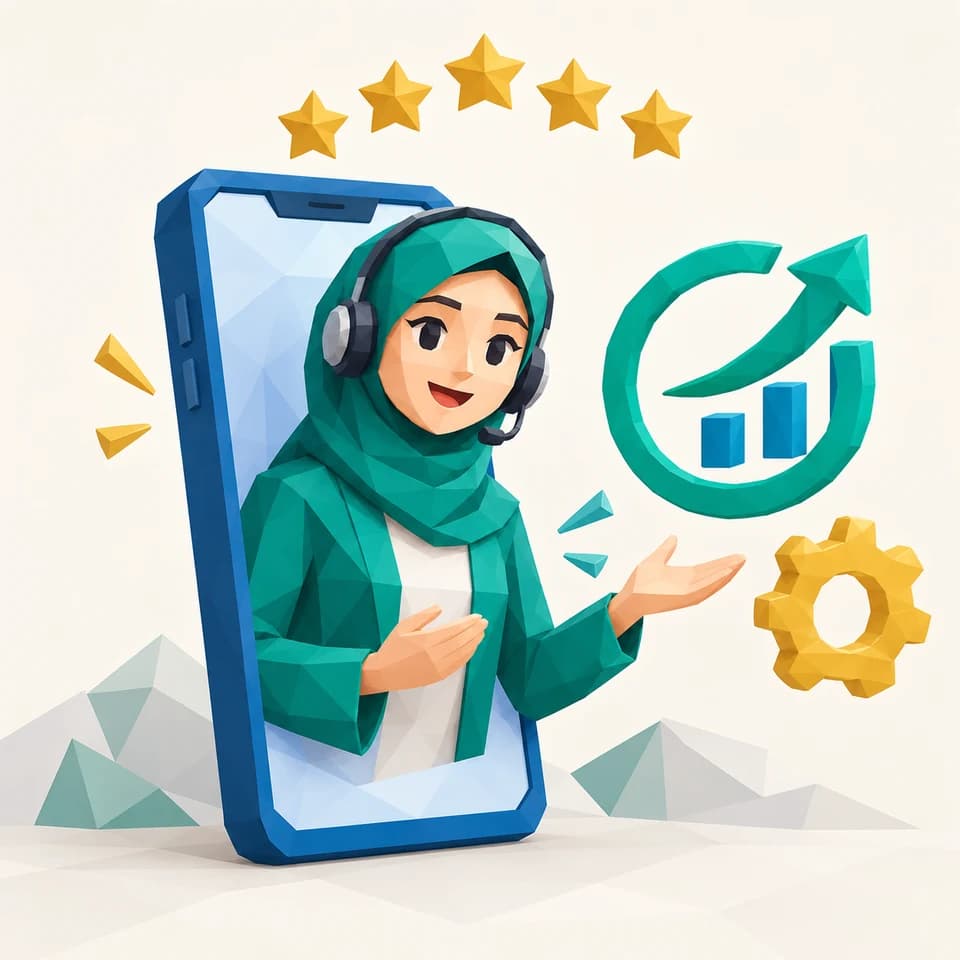کارشناس پشتیبانی زن با روسری روی صفحهی گوشی و پنج ستاره